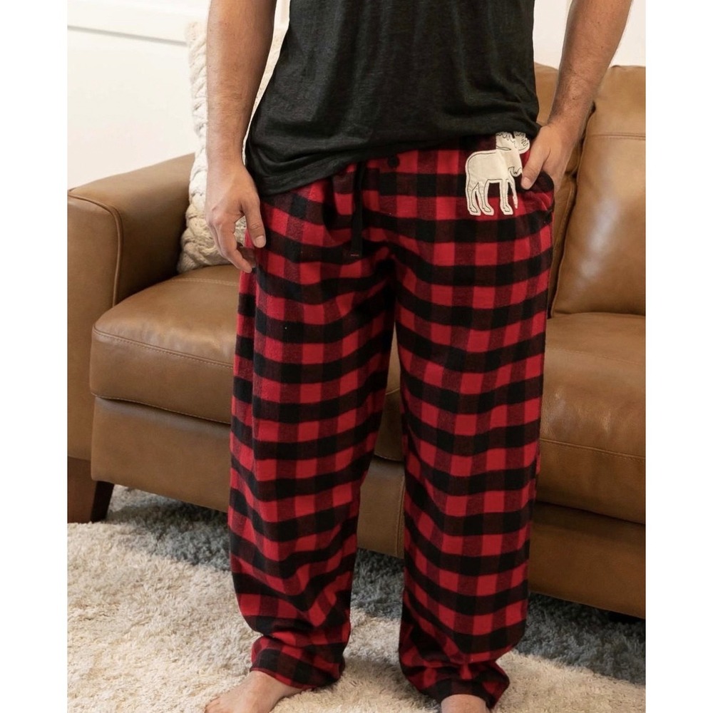 Lazy One Unisex Red Black Buffalo Plaid Moose Pajama Unisex Pants Small